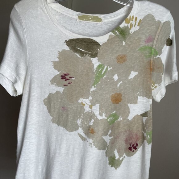J. Crew Cotton Short Sleeve Top Size M White Tan Green Large Floral Print - Picture 2 of 10
